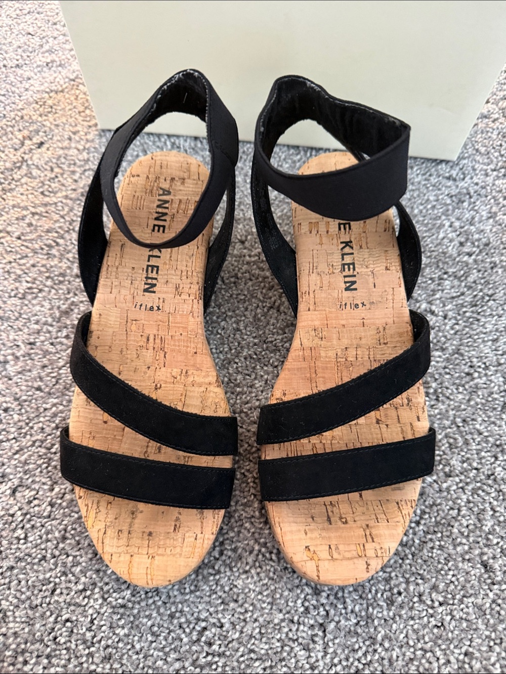 Anne Klein Black Elastic Strap Cork Wedge Sandals